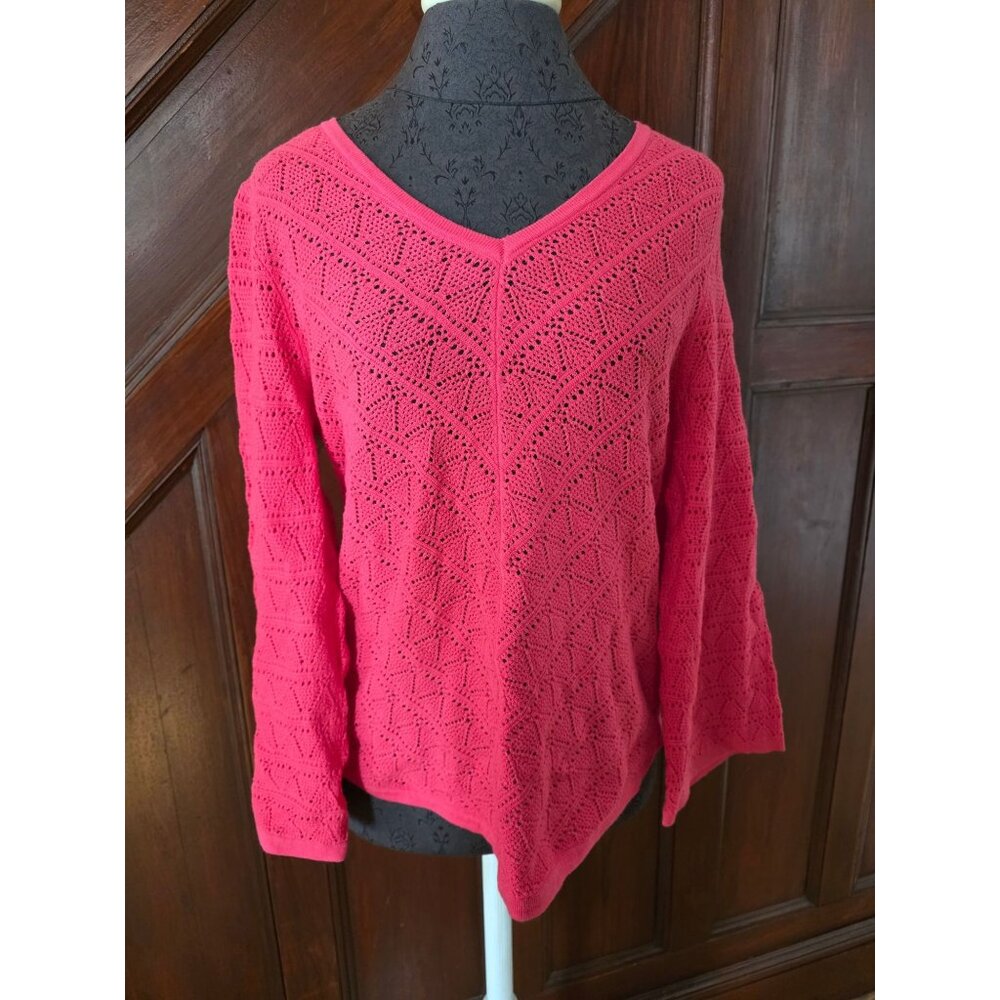 Chicos Womens Pink Crochet Open Knit V-Neck Sweater Size 1 US M